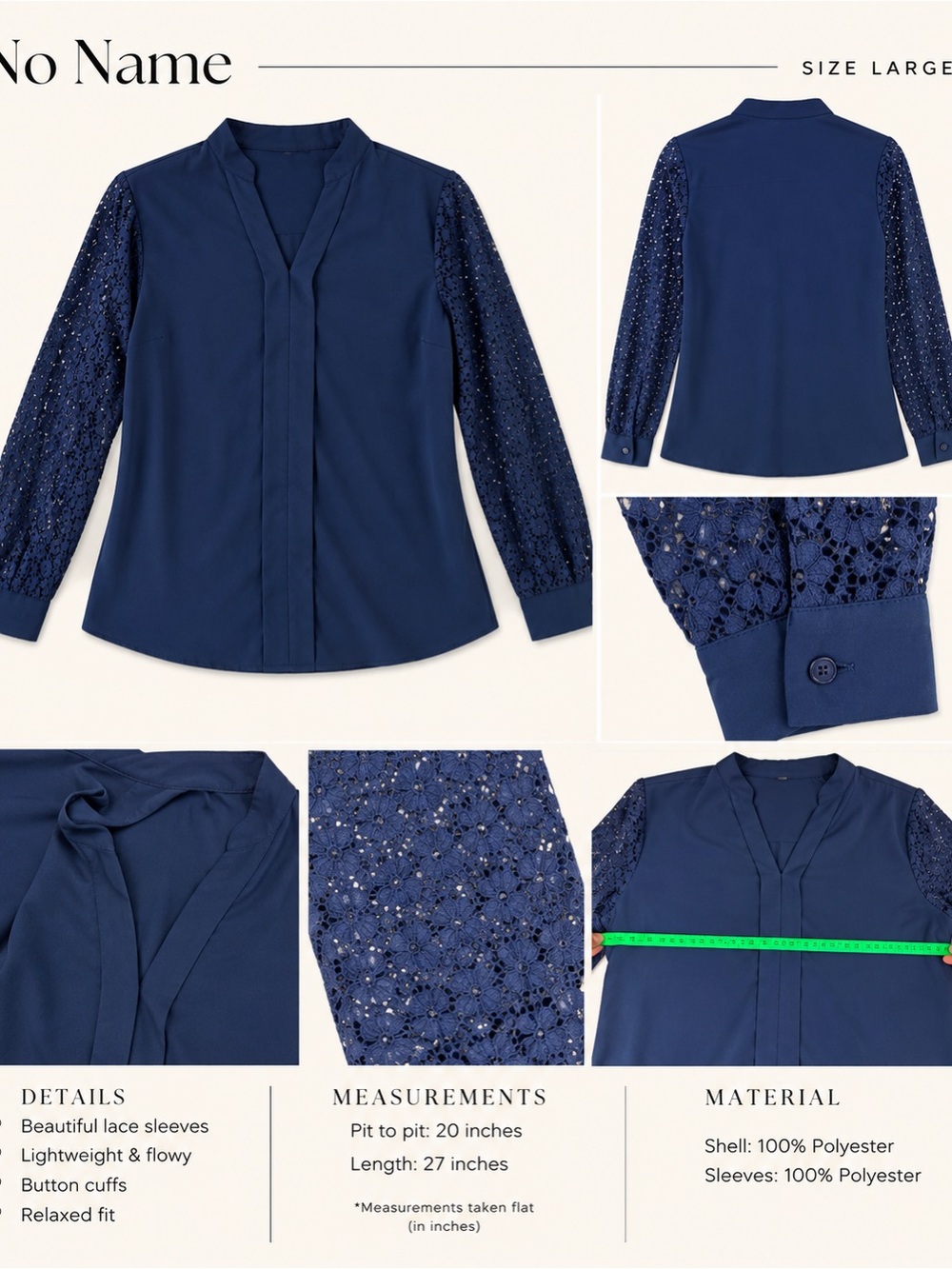 No Name Navy Lace-Sleeve V-Neck Blouse